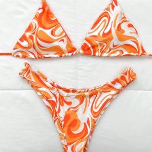 orange swirl tie back full bikini set